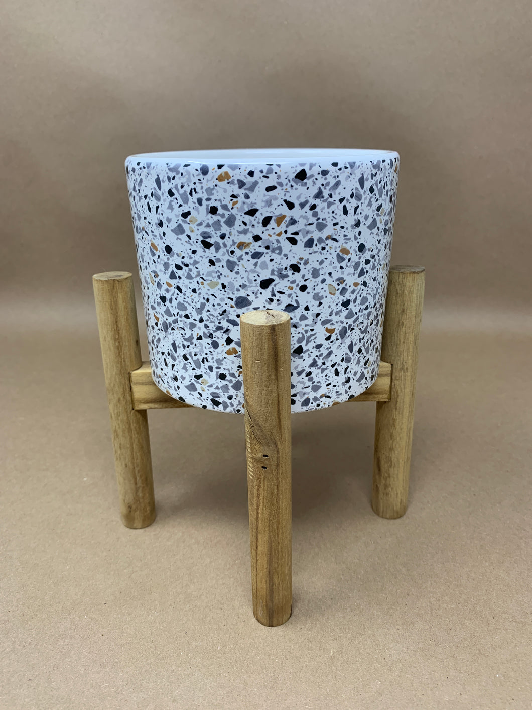 Speckled Ceramic Pot with Wooden Stand - Small