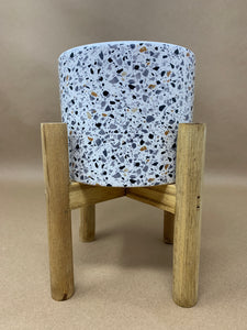 Speckled Ceramic Pot with Wooden Stand - Small